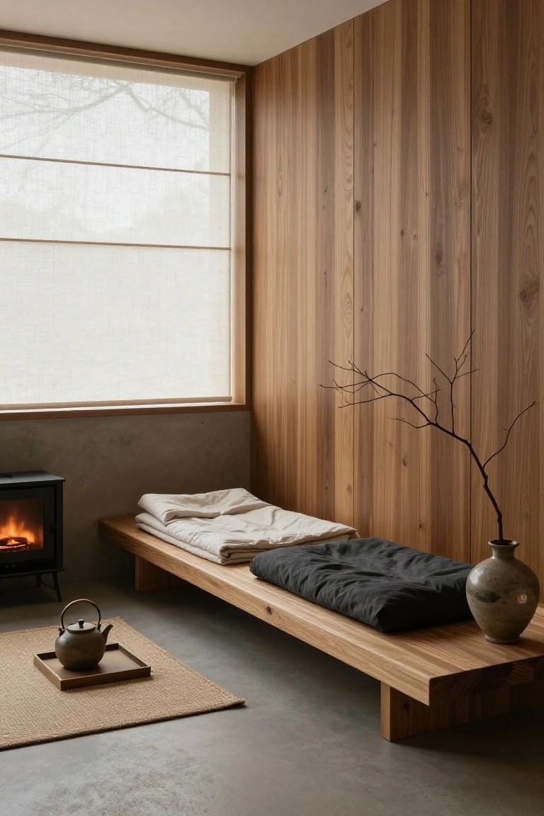 Minimalist interior room with vertical light wood paneled walls, large shoji-style window with sheer shades, low wooden platform bed with light and dark bedding, small black wood stove with fire, cast iron teapot on wooden tray, and tall ceramic vase with branches on the platform.