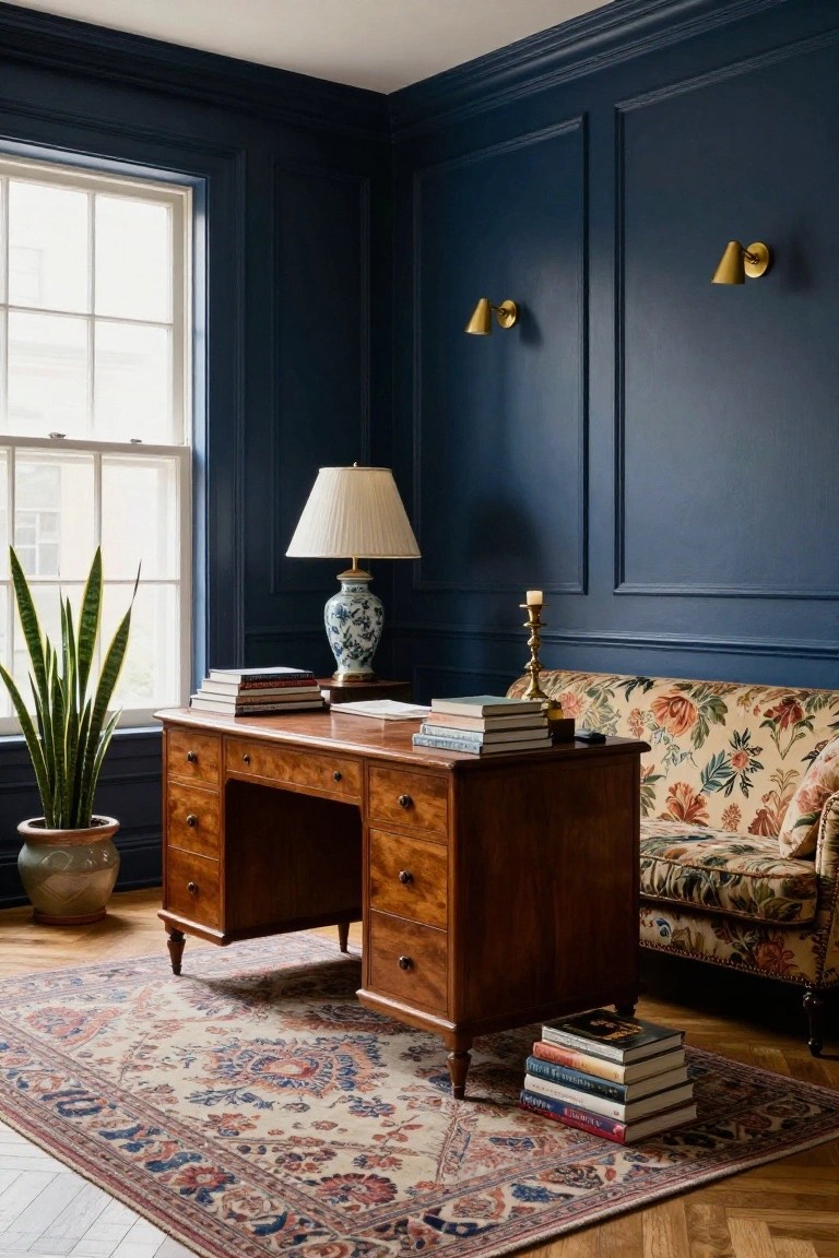 A home office setup in a navy paneled room with a wooden desk topped with books and a lamp, a floral patterned sofa, potted snake plant, and Persian rug on hardwood floors.