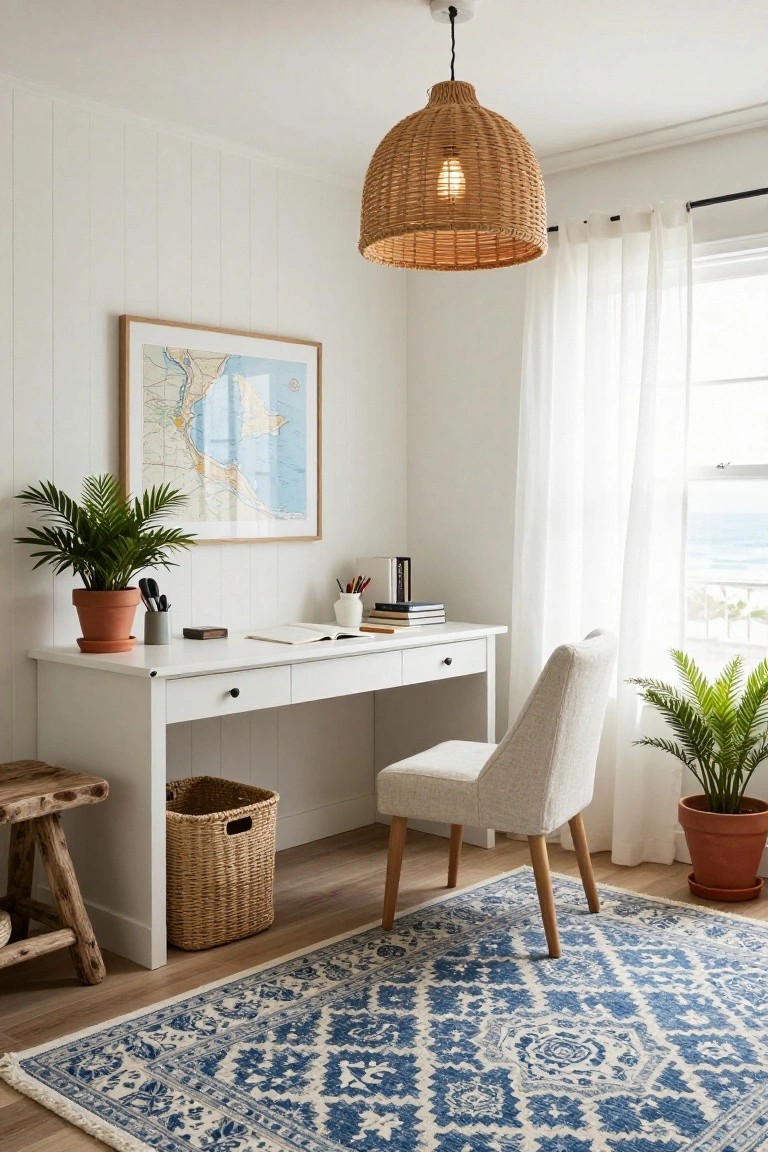 Bright home office with a white desk, plants, woven pendant light, and blue rug.