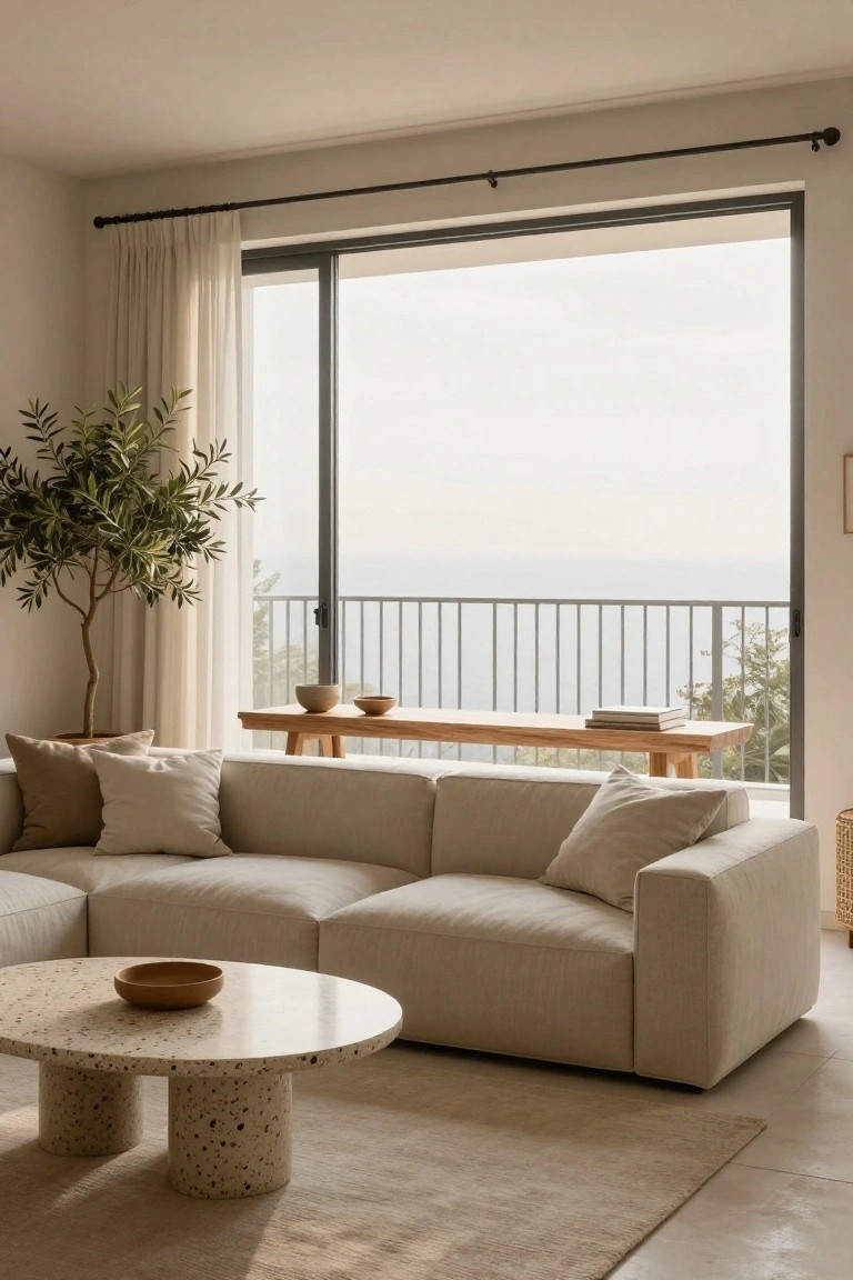 Minimalist living room featuring a beige modular sofa, round terrazzo coffee table on two pedestals, wooden bench with bowls, olive tree in pot, and large sliding glass doors opening to a balcony with sea view.