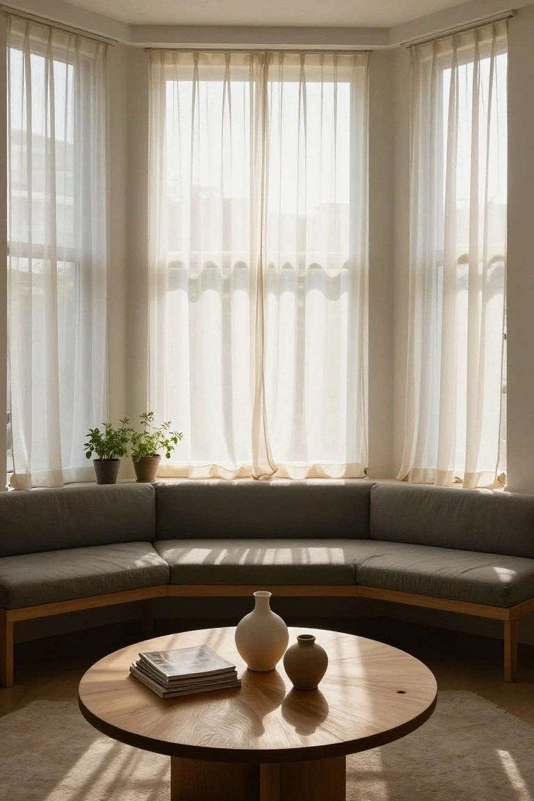 A minimalist living room bay window nook with sheer white curtains, curved gray built-in bench, round wooden coffee table with stacked magazines and white ceramic vases, and two potted green herbs on the windowsill.