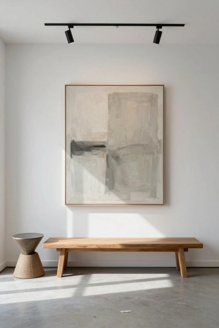 White interior room with black track lighting, large framed abstract painting in beige and black tones on white wall, oak bench, metal stool with rattan base, on polished concrete floor with sunlight streaming in.