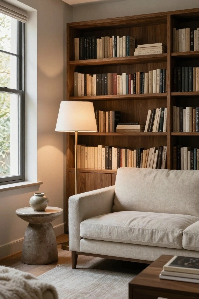 A minimalist living room with floor-to-ceiling wooden bookshelves filled with books, a cream linen sofa, a white floor lamp, a stone side table with a vase, and a low coffee table on a light rug next to a window.