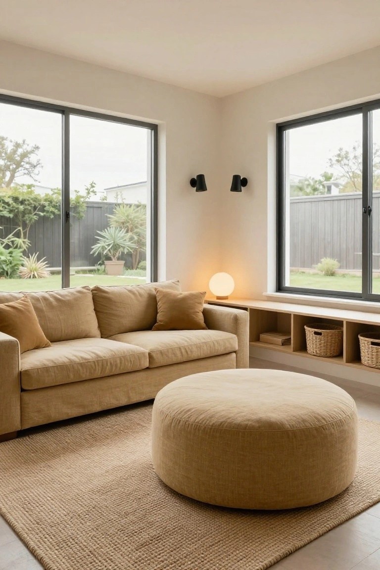 A minimalist living room with a beige linen sofa, large cream pouf on a seagrass rug, built-in wooden bench with cushions and storage baskets under large sliding glass windows overlooking a garden with plants and fence.