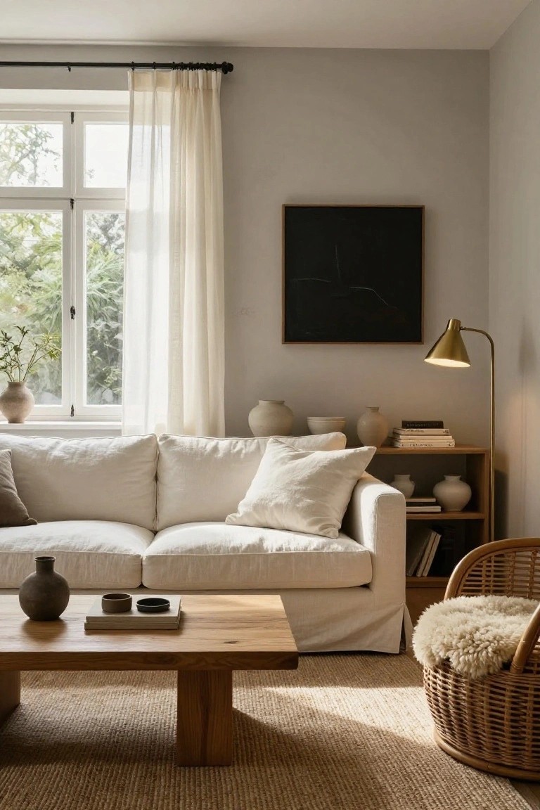 A sunlit living room corner with a large white slipcovered sofa, low wooden coffee table topped with pottery and books, sheer curtains on a multi-pane window, gold arc floor lamp, shelves with vases, and a wicker chair with sheepskin on a seagrass rug.