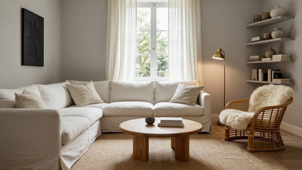 A sunlit living room corner with a large white slipcovered sofa, low wooden coffee table topped with pottery and books, sheer curtains on a multi-pane window, gold arc floor lamp, shelves with vases, and a wicker chair with sheepskin on a seagrass rug.