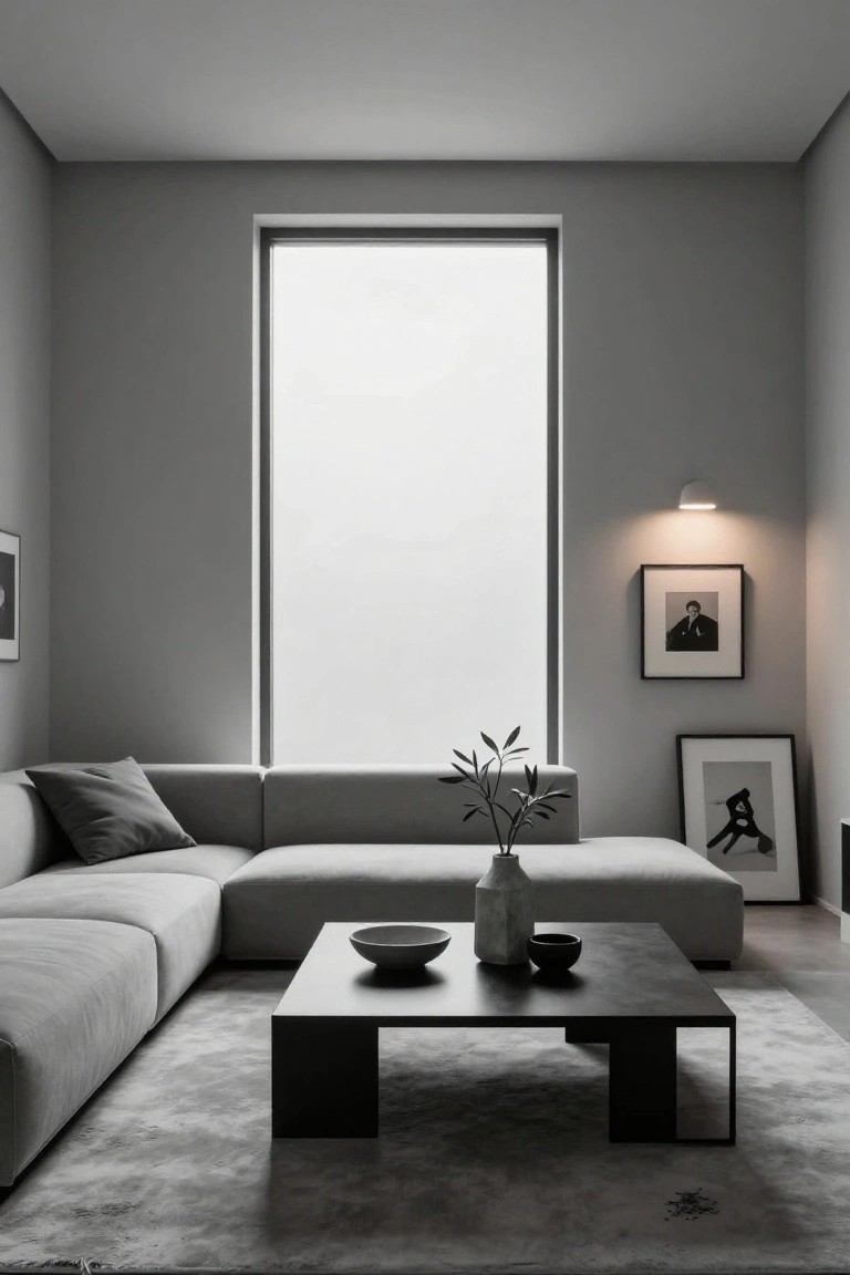 Modern living room featuring a grey sectional sofa, black coffee table, and minimal decor.