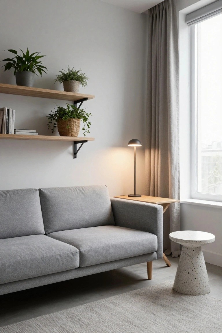 Minimalist living room corner with gray fabric sofa, wooden floating shelves holding potted plants and books, black metal lamp on oak side table, white concrete stool, light gray rug, and tall window with linen curtains.