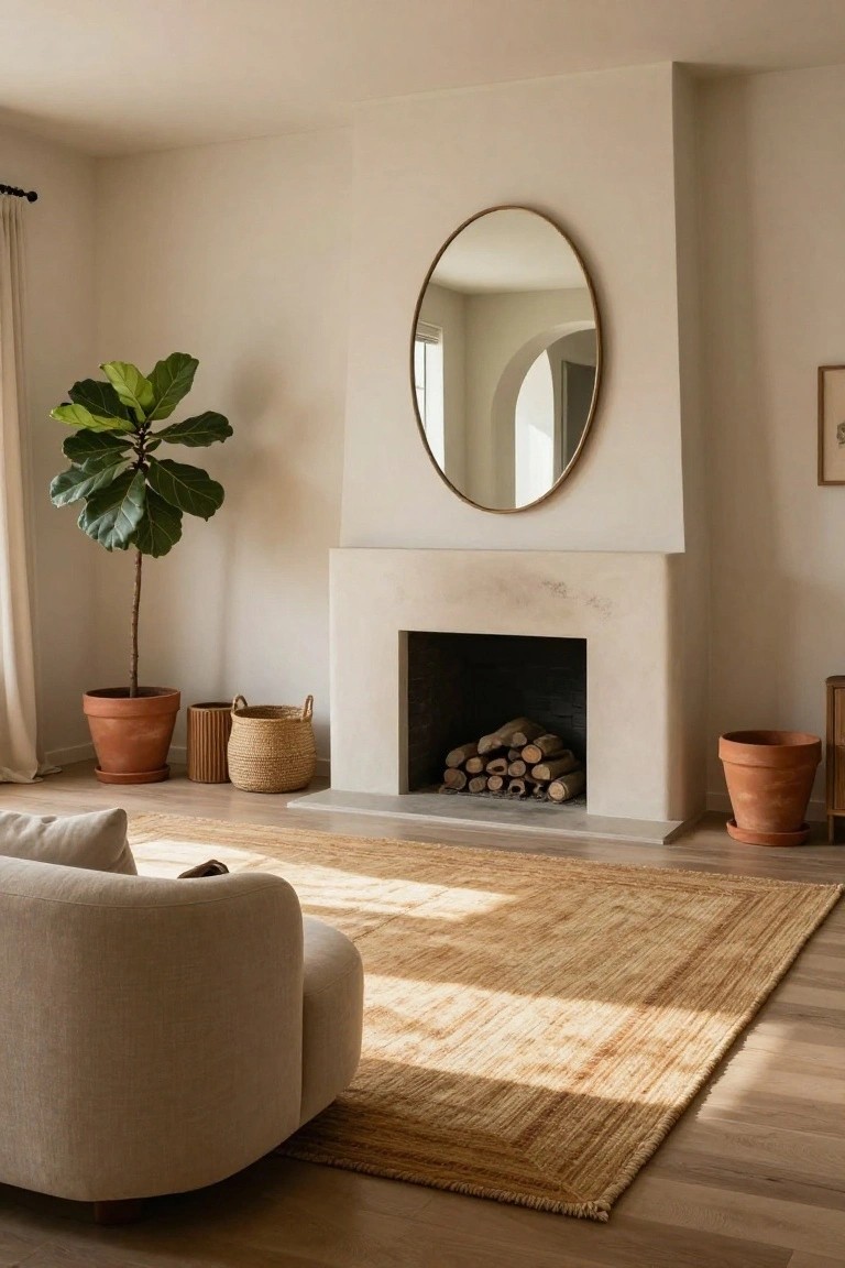 A minimalist living room with a large gold-framed oval mirror above a light stone fireplace stacked with firewood logs, a curved cream sofa on a tan seagrass rug, a fiddle leaf fig plant in a terracotta pot, wicker baskets, and light wood floors.