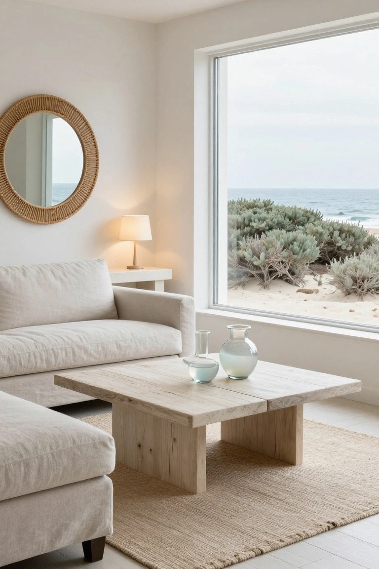 Cozy seaside living room with a neutral sofa, wooden coffee table, and ocean view.