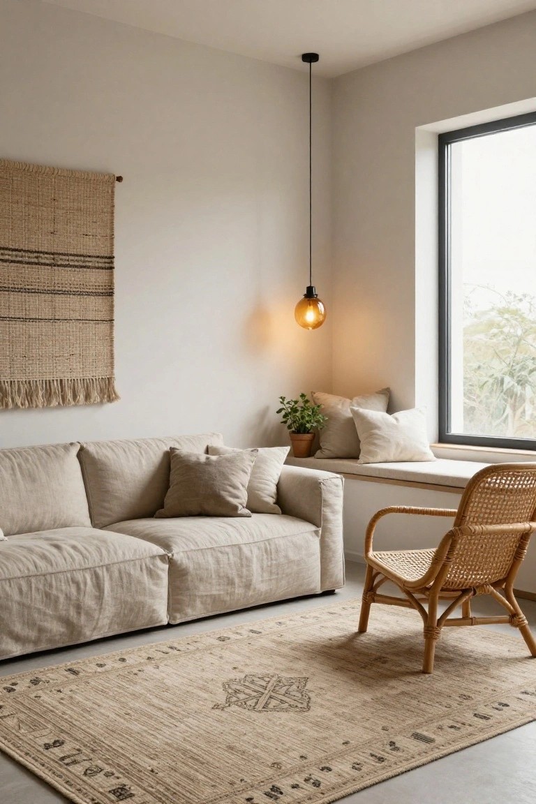A minimalist living room corner with beige linen sofa, window seat with pillows and potted plant, rattan armchair on beige woven rug, knotted beige wall hanging, amber pendant light, and large window.
