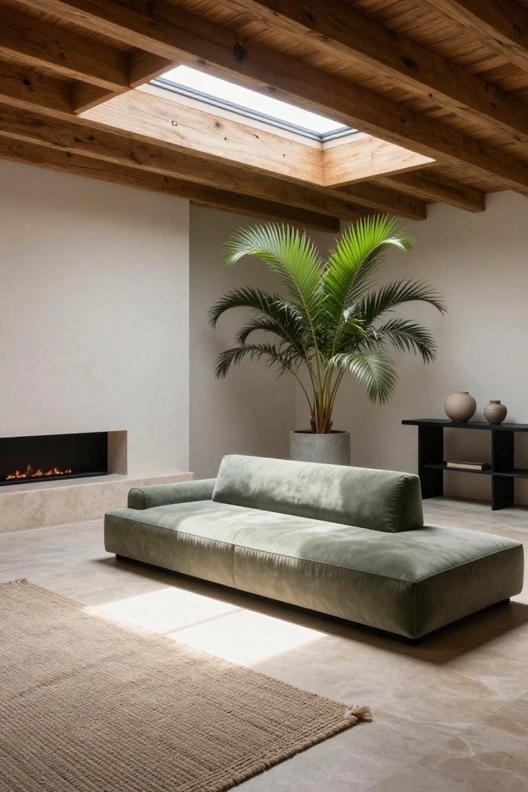 Minimalist living room with exposed wooden ceiling beams, a skylight, tall potted palm tree next to a low long sage green velvet sofa, built-in fireplace, side table with pottery, and light stone floor.