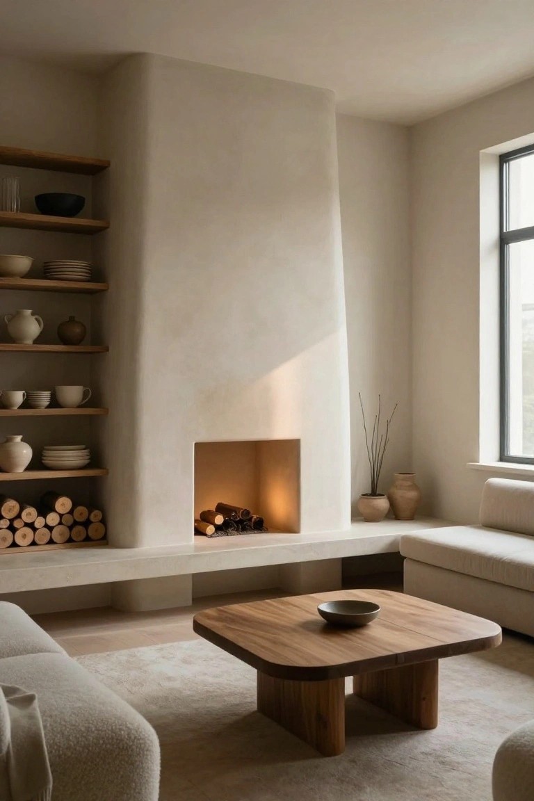 A minimalist living room with a tall curved beige plaster fireplace wall, built-in firewood storage, oak shelves displaying ceramics and bowls, a square wooden coffee table, cream sofa, and large window.