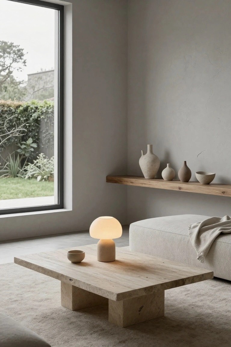 Minimalist living room interior with a low rectangular travertine coffee table on stone legs, small ceramic bowl on table, cream mushroom-shaped lamp, beige linen sofa with throw, wooden shelf with clay vessels, and large window showing garden outside.