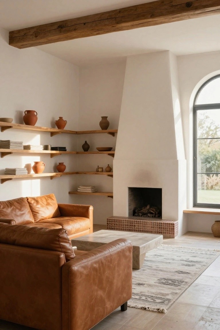 A minimalist living room with tan leather sofa facing a white stucco fireplace, wooden corner shelves holding terracotta pottery and linens, low concrete table on a light rug, and arched window showing garden outside.