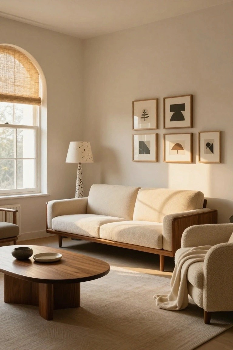 A sunlit beige living room with creamy upholstered sofa and armchair on wood frames, oval wood coffee table holding a bowl and plate, polka-dot floor lamp, and five framed abstract black-line prints on the wall beside an arched window with bamboo blind.