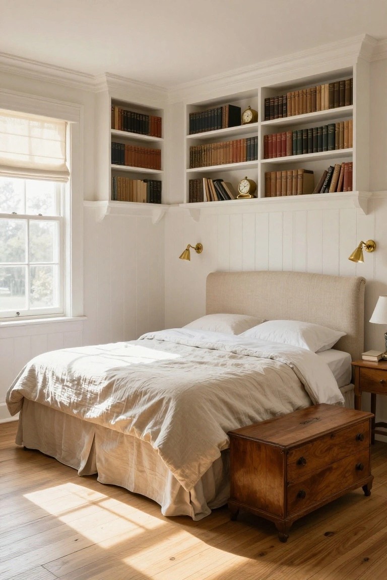 A sunlit bedroom corner with white paneled walls, tall built-in wooden bookshelves filled with books and gold clocks flanking a beige upholstered bed with white linen bedding, a wooden antique nightstand, and a window with sheer shades.