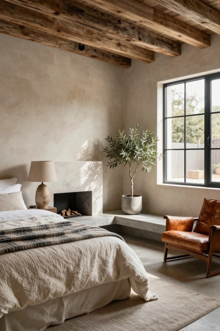 Bedroom interior featuring exposed wooden beam ceiling, beige plaster walls, bed with white linens and gray throw, orange leather armchair, olive tree in concrete pot, and low fireplace with logs.