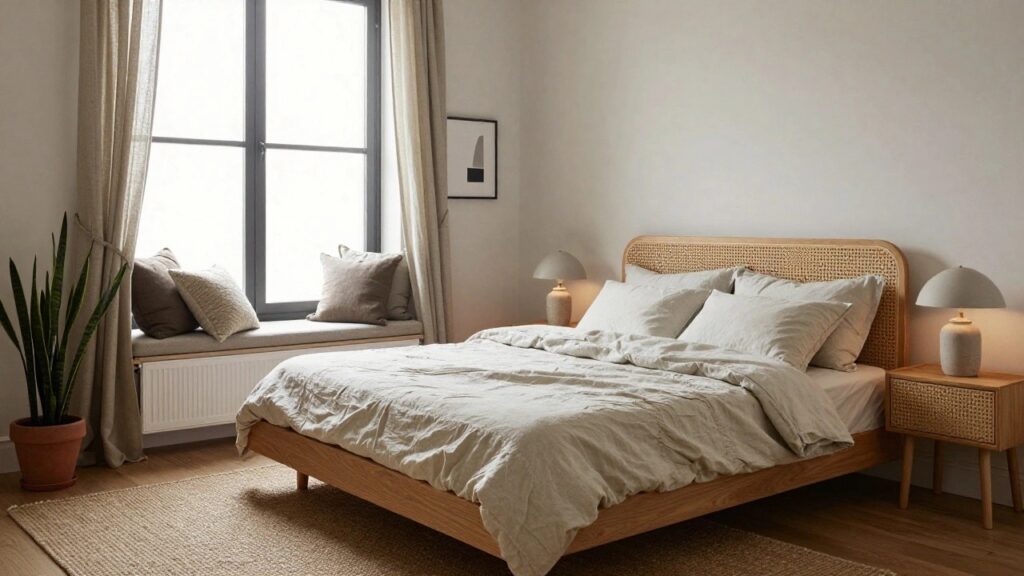 Bedroom with rattan headboard on wooden bed frame, white linen bedding, lamp on wooden side table, snake plant in terracotta pot, sheer curtains on corner windows, built-in window seat with cushions, and beige rug on wood floor.