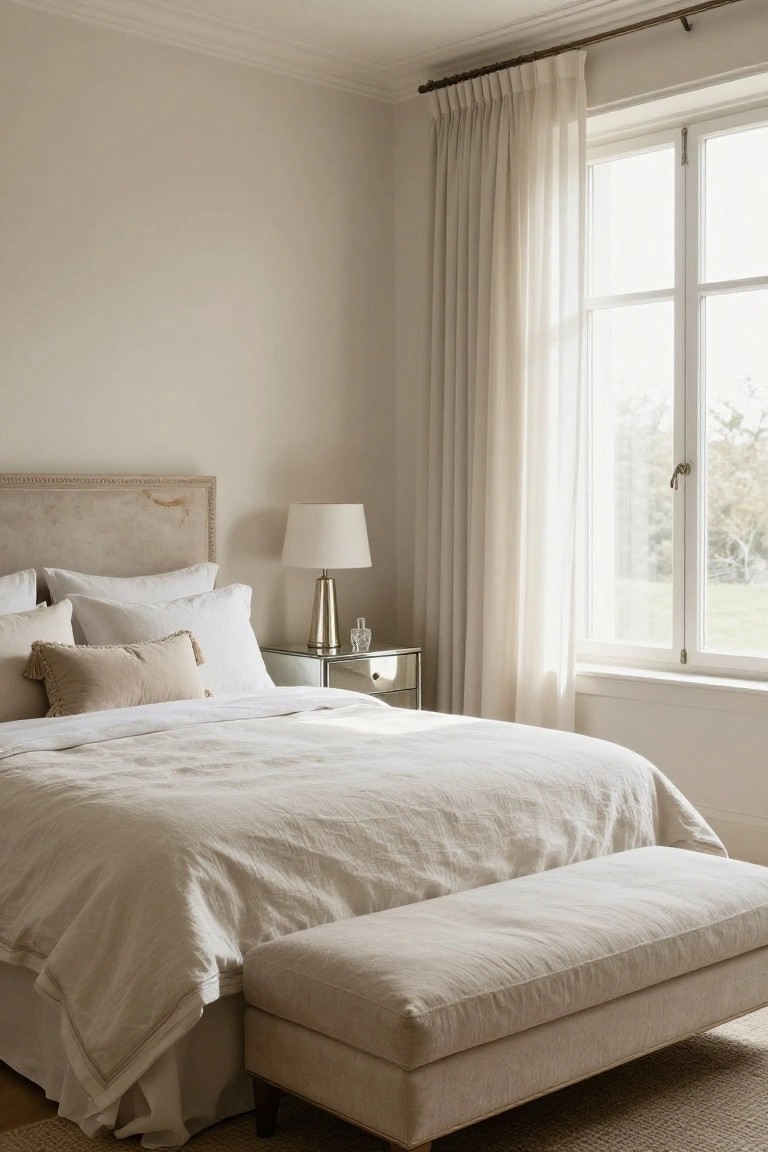 Beige upholstered bed with white and cream linens and pillows in a light neutral bedroom, mirrored bedside table with lamp, sheer curtains on large window, matching linen bench at bed foot, and seagrass rug.