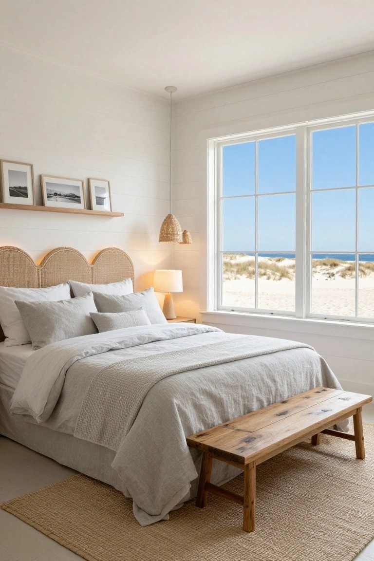 Bedroom interior featuring white shiplap walls, curved rattan headboard, neutral linen bedding and pillows on a bed, wooden bench at foot, seagrass rug, pendant lights, and large windows showing beach dunes and ocean.