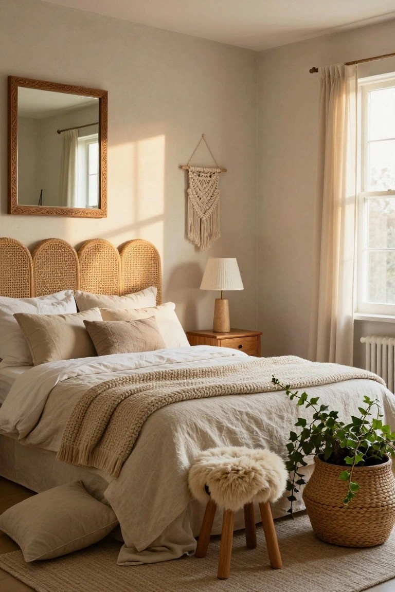 Bedroom interior featuring a curved rattan headboard on a bed with neutral linens and pillows, a wooden bedside table with lamp, woven wall hanging, mirror, stool, plants, and rug.