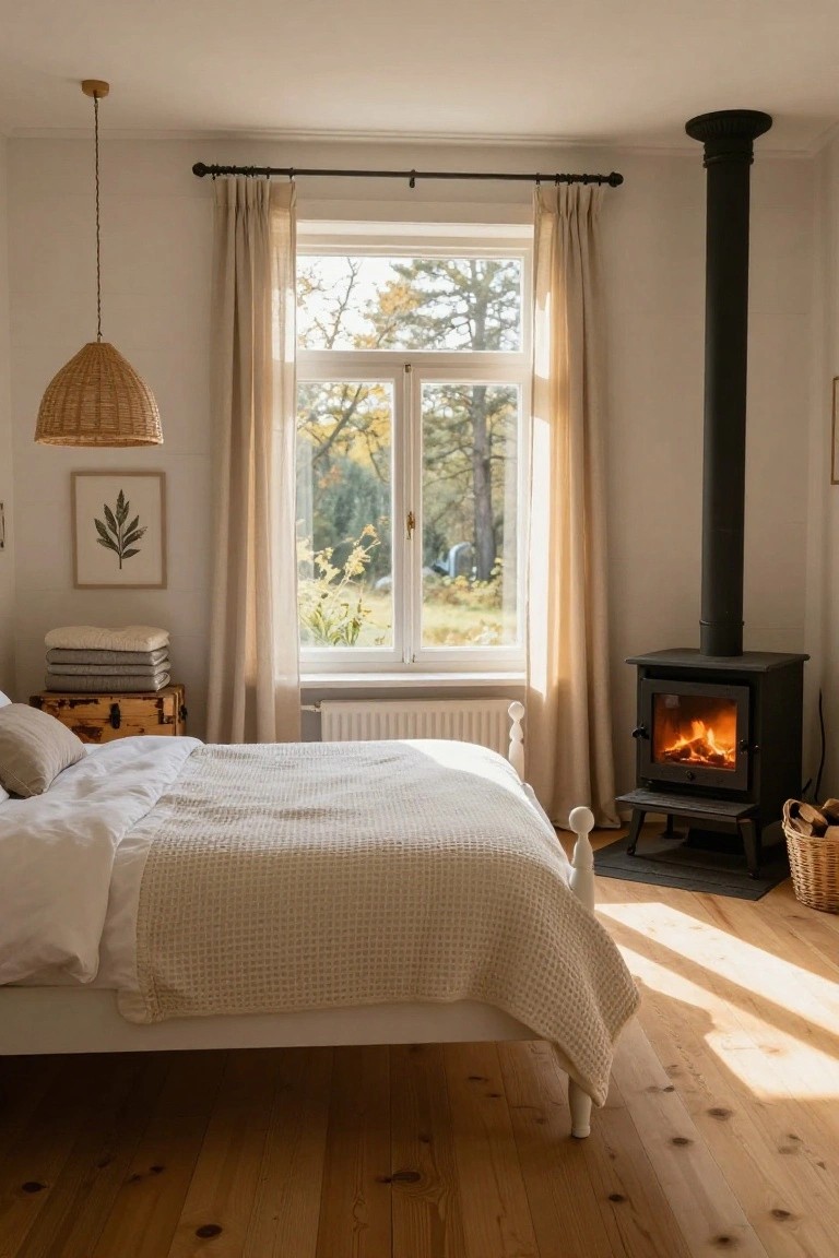 A sunlit bedroom with white bed and beige throw blanket, lit black wood-burning stove on a tiled hearth, large window with sheer beige curtains overlooking trees and fields, rattan pendant light, wooden chest with folded linens, and light pine floors.