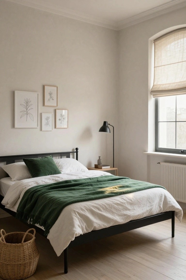 Bedroom interior with black metal bed frame, white sheets and duvet topped by green throw blanket and pillow, wooden side table with lamp and vase, four botanical line drawings in white frames on beige wall, arched window with beige fabric blind, white radiator, wicker basket on light wood floor.