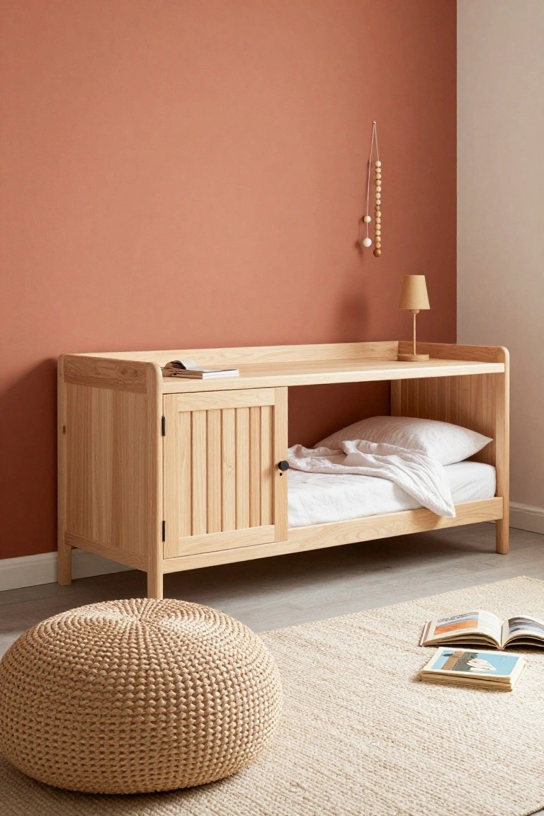 Wooden low-profile single bed with integrated desk shelf, slatted cabinet door underneath, white bedding, bedside lamp, against terracotta wall in bedroom with woven pouf and books on floor.