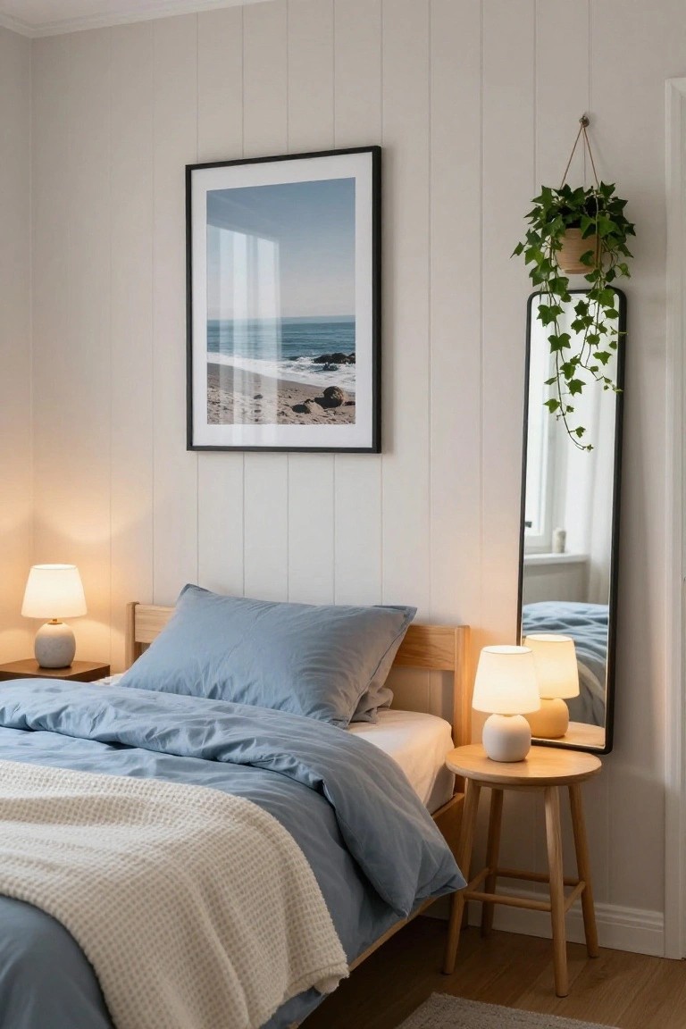 A Scandinavian bedroom with a wooden bed frame covered in blue bedding and a white textured throw, two ceramic lamps on wooden side tables, a tall black-framed mirror with ivy plant, and a large framed ocean photo on white paneled walls.
