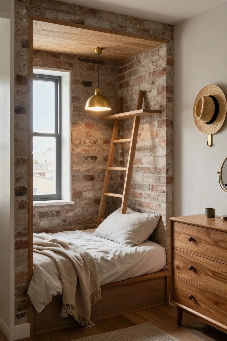 Bedroom nook with exposed brick walls containing a raised wooden bed platform accessed by a ladder, beside a wooden dresser, small window, and hanging hat.