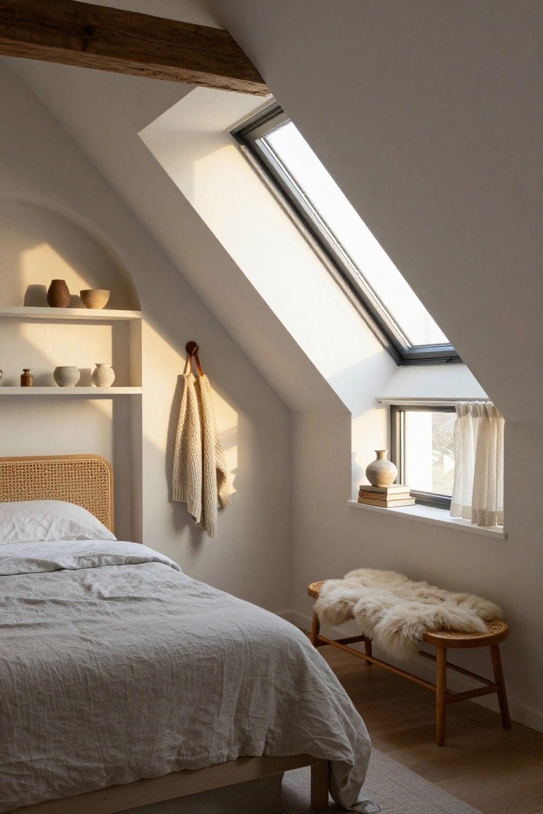 Attic bedroom with sloped white ceilings, exposed wooden beams, skylight, rattan bed with white linen sheets, shelves holding ceramics, hanging knit towel, sheepskin on wooden bench, and small window with sheer curtains.