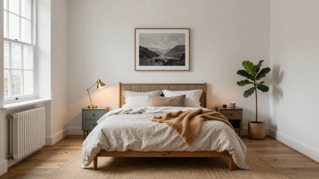 Cozy bedroom with light wooden bed frame, white ruffled linen duvet and pillows, tan knit throw, large potted fiddle leaf fig plant by window, mint green nightstand, wooden nightstand with brass lamp and black device, framed gray landscape artwork above bed, white walls, and light hardwood floors.