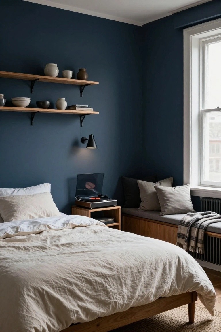 A bedroom with deep navy blue walls, floating oak shelves holding white and gray ceramics, a wooden bed with rumpled white linen bedding, a vinyl record player on a wooden side table, a black wall lamp, a window with radiator below, and a built-in cushioned bench with gray pillows and plaid throw.