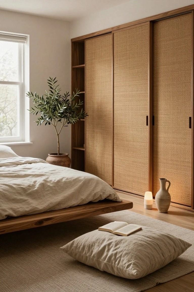 Bedroom with light walls and wood floor, low wooden platform bed with white linen bedding, tall sliding wardrobes with rattan panels and wooden frames, potted olive tree, terracotta vase with candles, and large floor cushion holding an open book on a light rug.