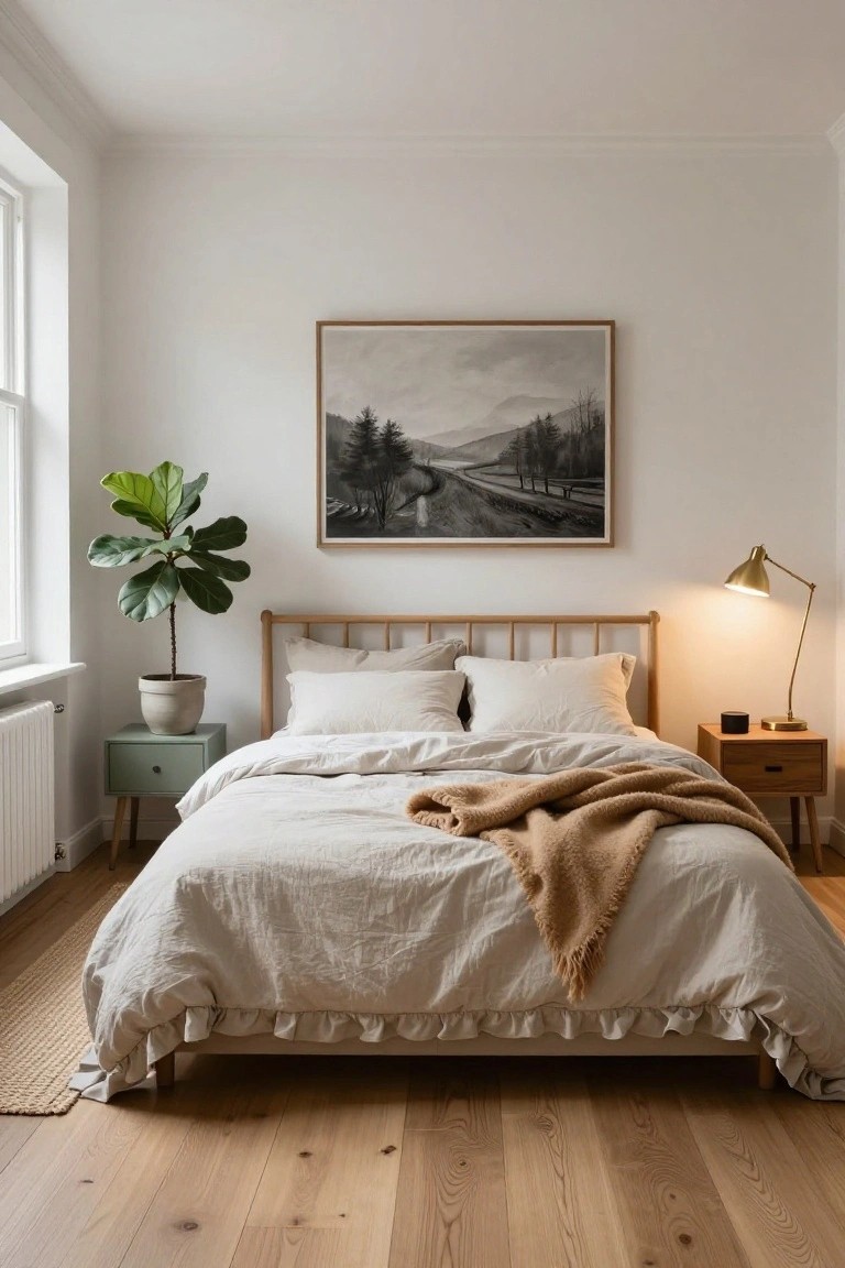 Cozy bedroom with light wooden bed frame, white ruffled linen duvet and pillows, tan knit throw, large potted fiddle leaf fig plant by window, mint green nightstand, wooden nightstand with brass lamp and black device, framed gray landscape artwork above bed, white walls, and light hardwood floors.