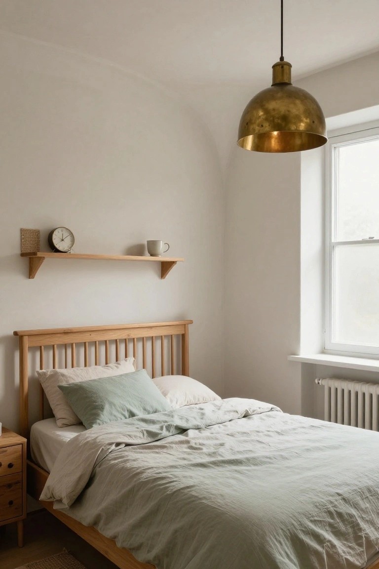 A bedroom with white walls, oak bed frame and nightstand, sage green linen bedding, wooden floating shelf holding a clock and mug, brass pendant light, window, and radiator.
