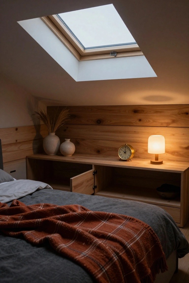 Attic bedroom with sloped wooden paneled walls, built-in wooden shelf holding two ceramic vases, pampas grass, gold clock, and fabric-shaded lamp, low bed with gray linens and orange plaid blanket, and skylight overhead.
