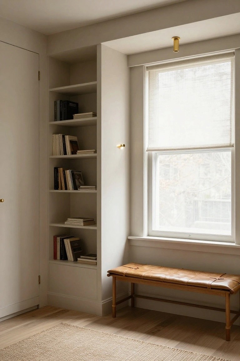 Bedroom corner showing white built-in bookshelves filled with books beside a large window with sheer roller shade, tan leather bench with wood frame and tan straps on light wood floor with beige rug.