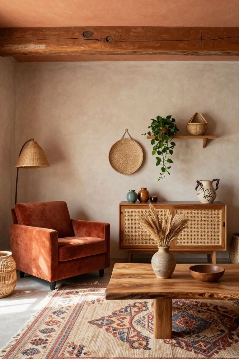 Living room with rust velvet armchair, rattan floor lamp, wooden coffee table, cane-front cabinet topped with pampas grass and pottery, terracotta ceiling with exposed wooden beams, beige plaster walls, woven baskets, and patterned rug.