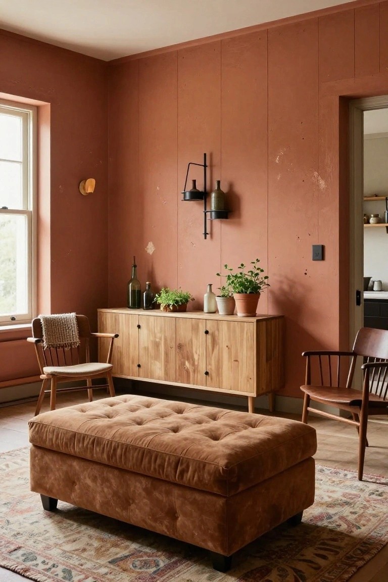 Cozy living room corner with terracotta vertical wood-paneled walls, wooden credenza holding plants and bottles, rattan-upholstered chairs with throws, tufted ottoman, patterned rug, wall sconces, and window.