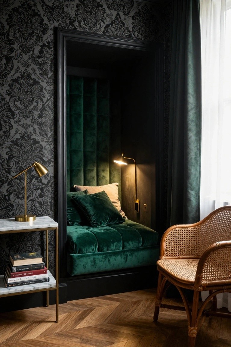 Cozy nook with green velvet seating, gold lamp, patterned wallpaper, and a rattan chair.