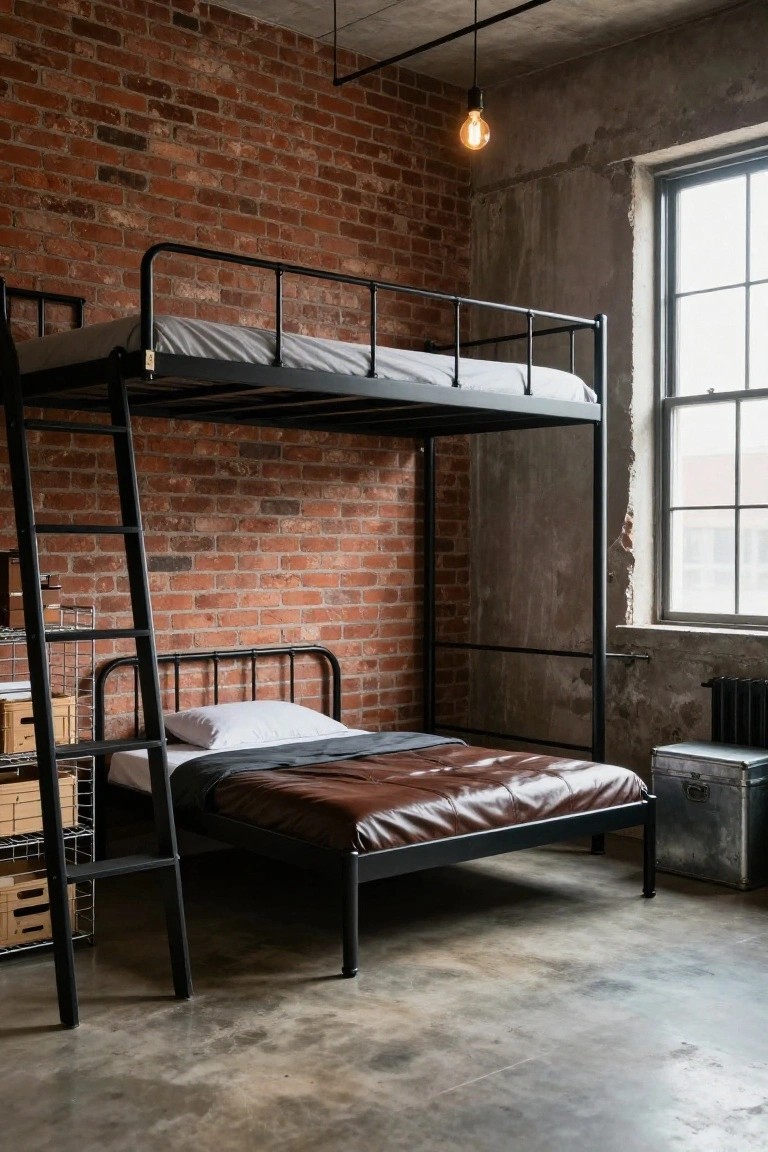 Black metal bunk bed with ladder against exposed brick wall in industrial bedroom, lower bunk with dark leather mattress cover and white pillow, upper bunk with white sheets, metal shelving nearby and large window.