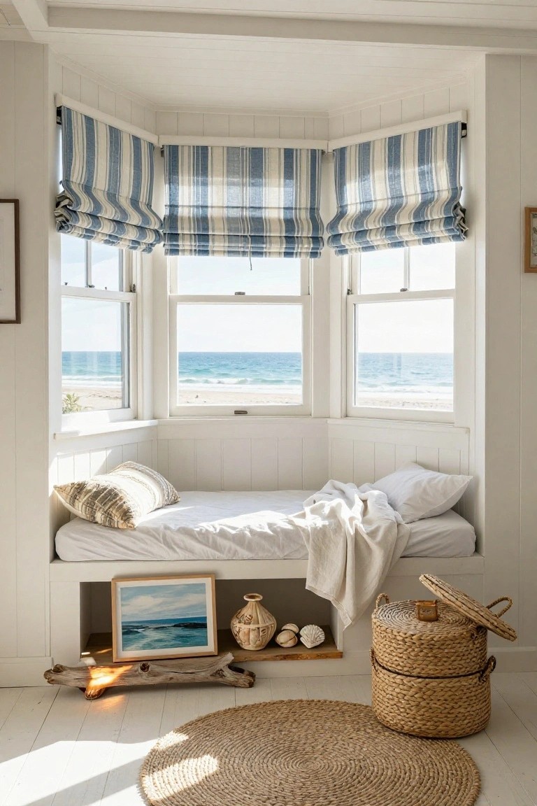 A built-in white daybed in a bay window seat with white bedding and pillows, blue and white striped roman shades partially raised, storage shelves below holding a painting and baskets, in a white paneled room overlooking beach and ocean.