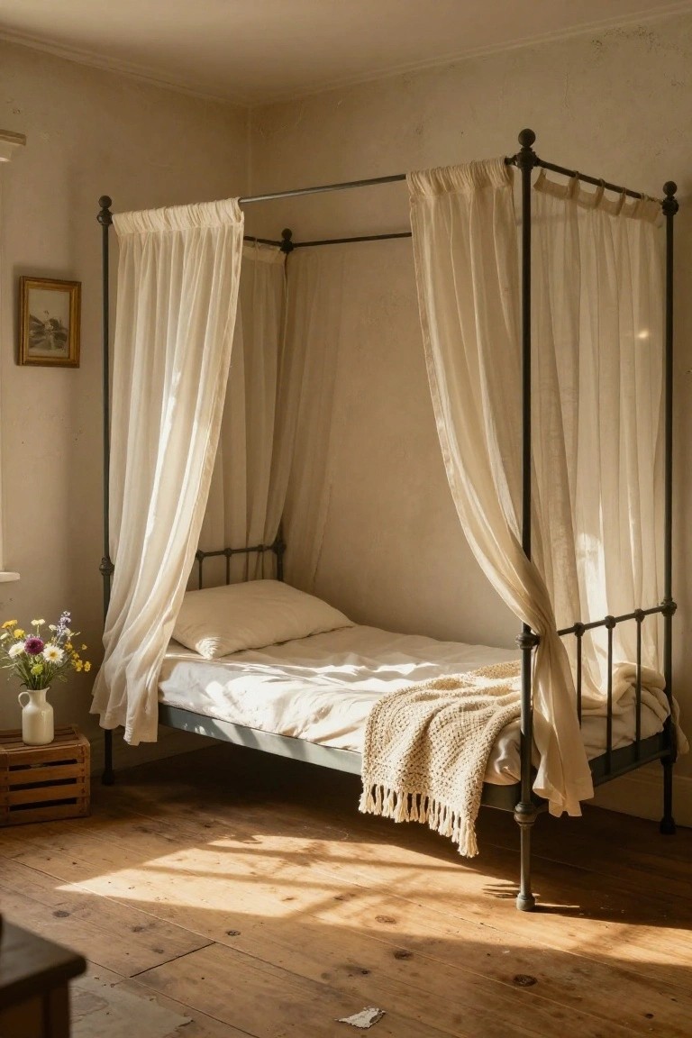 Small bedroom with black iron canopy bed draped in white sheer curtains, white bedding and knit throw on the mattress, vase of wildflowers on wooden crate nearby, beige walls, wooden floor, and sunlight through window.