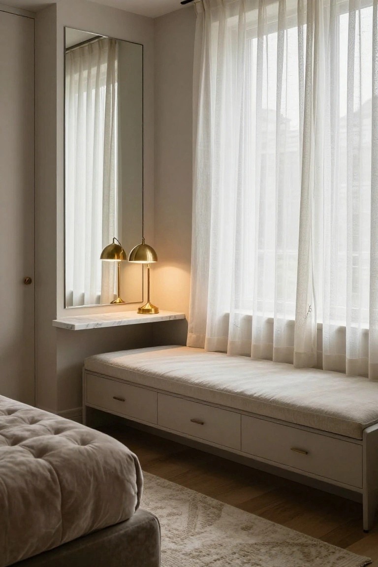 Bedroom corner with a white upholstered bench featuring storage drawers under a window, marble shelf holding two gold table lamps and a full-length mirror beside a built-in wardrobe, sheer white curtains, and a tufted bed nearby on hardwood floors.
