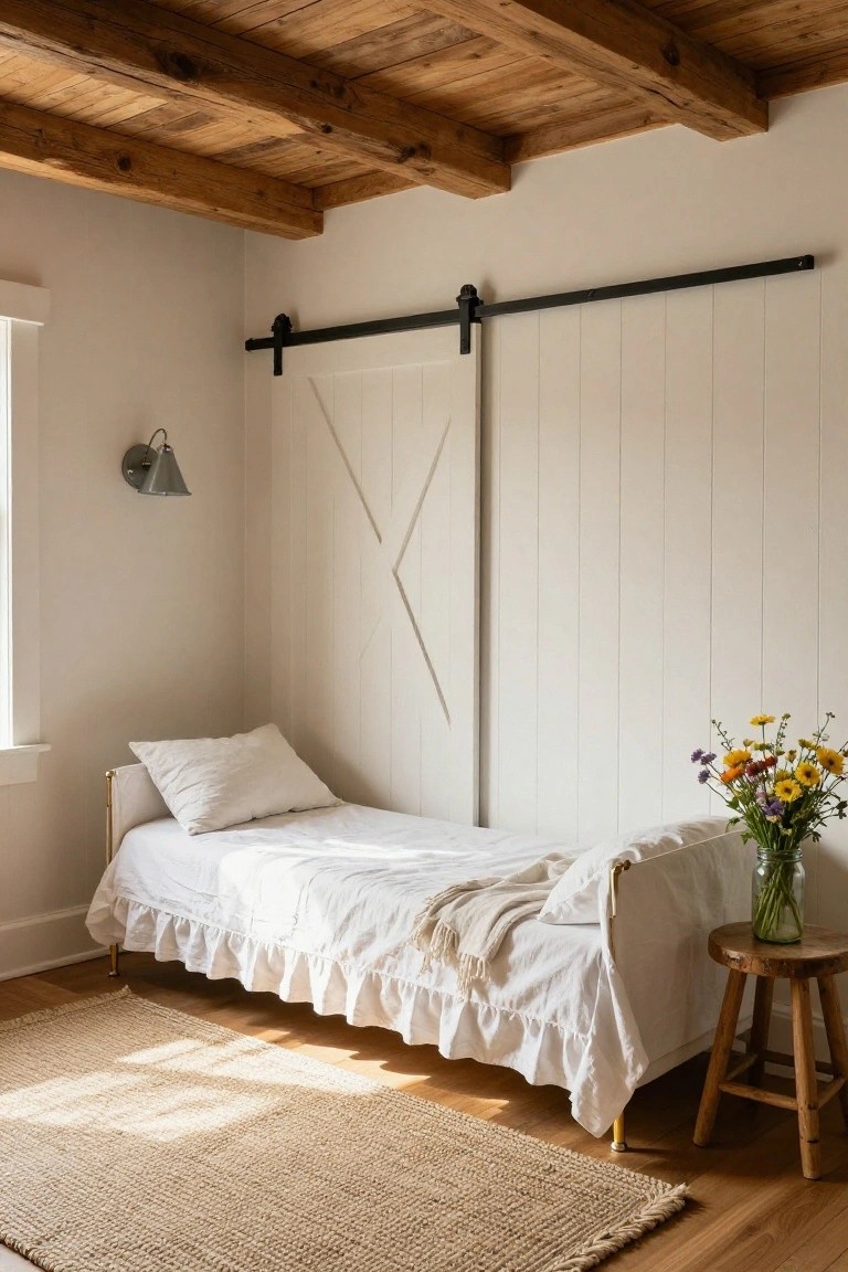 A small bedroom featuring exposed wooden ceiling beams, white vertical board-and-batten walls, a brass daybed with white ruffled bedding and throw, a wooden stool holding a vase of wildflowers, a white sliding barn door, and a seagrass rug on hardwood floors.
