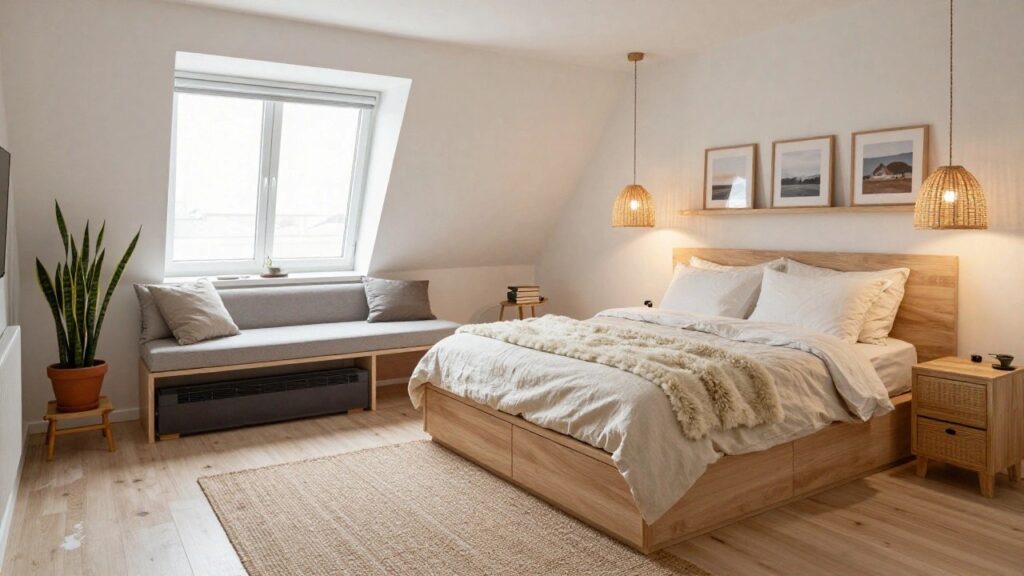 Attic bedroom with sloped white ceiling and skylight, wooden platform bed with storage drawers and light linens, rattan nightstand holding a snake plant, beige rug on oak floor.