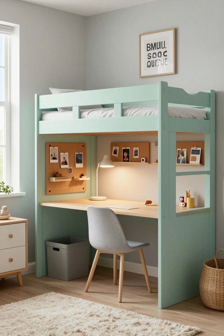 A mint green lofted bunk bed with mattress above an integrated wooden desk, gray chair, corkboards with pinned photos, desk lamp, and open shelves in a light gray bedroom with wood floors and white dresser.