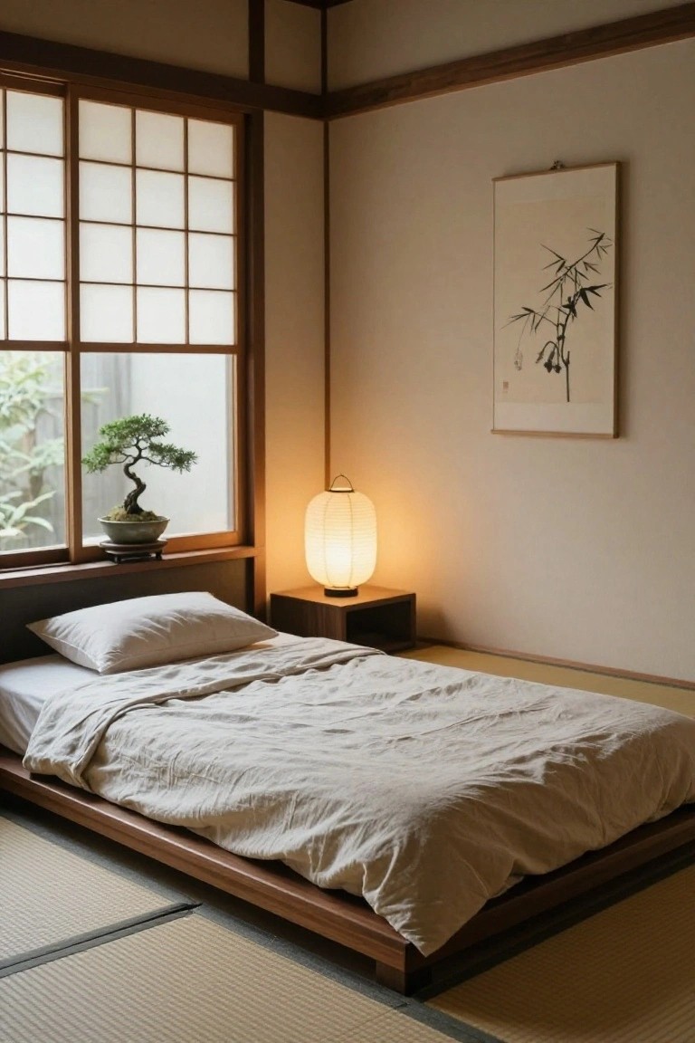Japanese-style bedroom with tatami floor mats, low wooden platform bed covered in white linen sheets and pillow, bonsai tree on windowsill with shoji screens, paper lantern on wood nightstand, and ink painting of bamboo on wall.